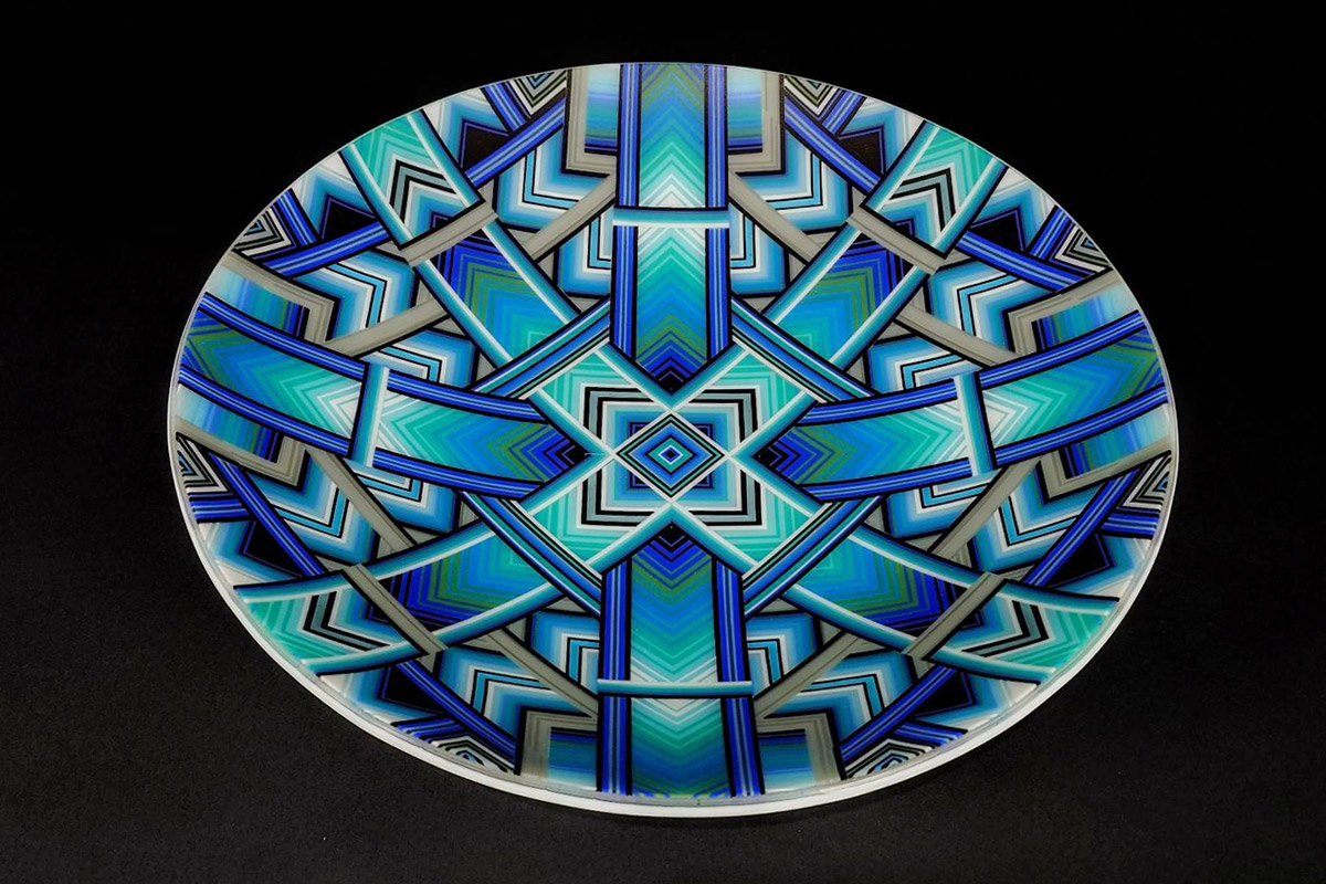 ian chadwick fused glass bowl, glass mandala